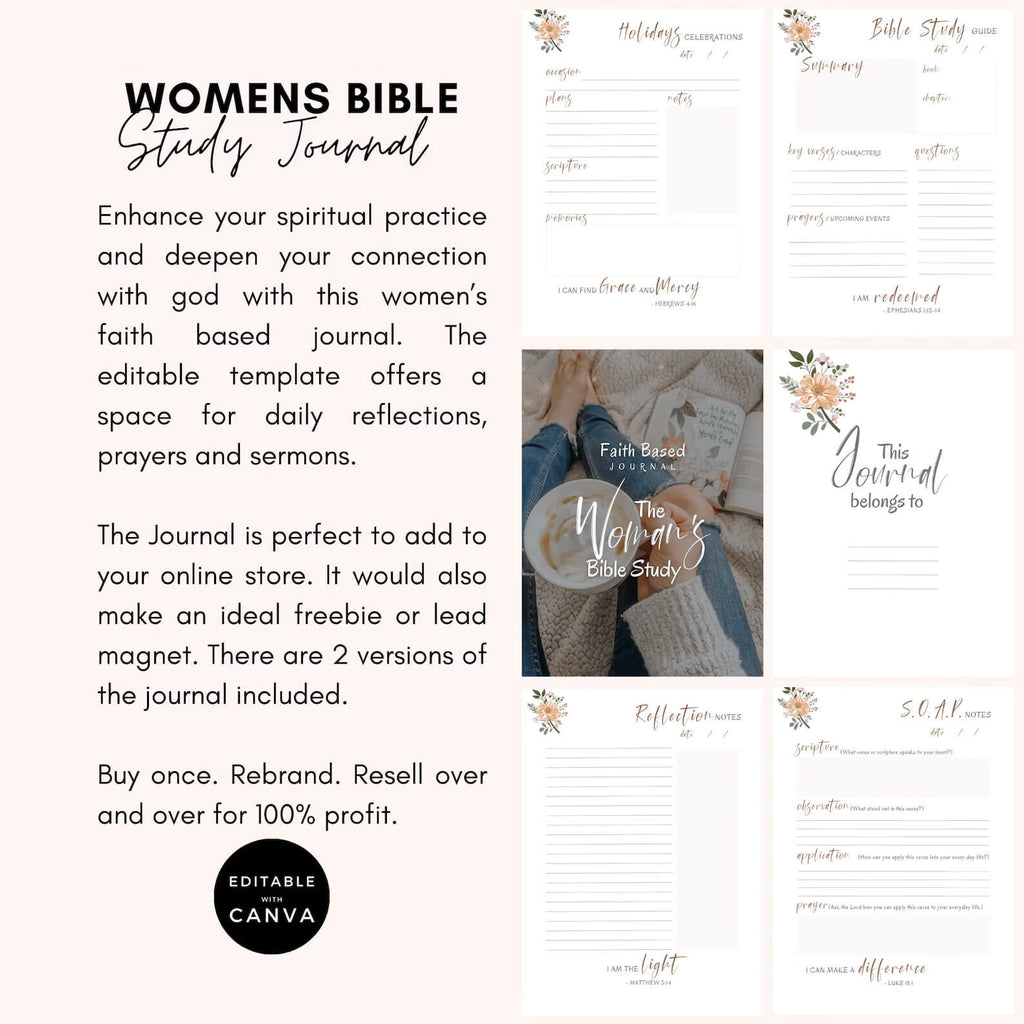 🌸 Editable Women's Faith-Based Journal | Devotional Journal & Bible Study Guide |  WITH RESELL RIGHTS