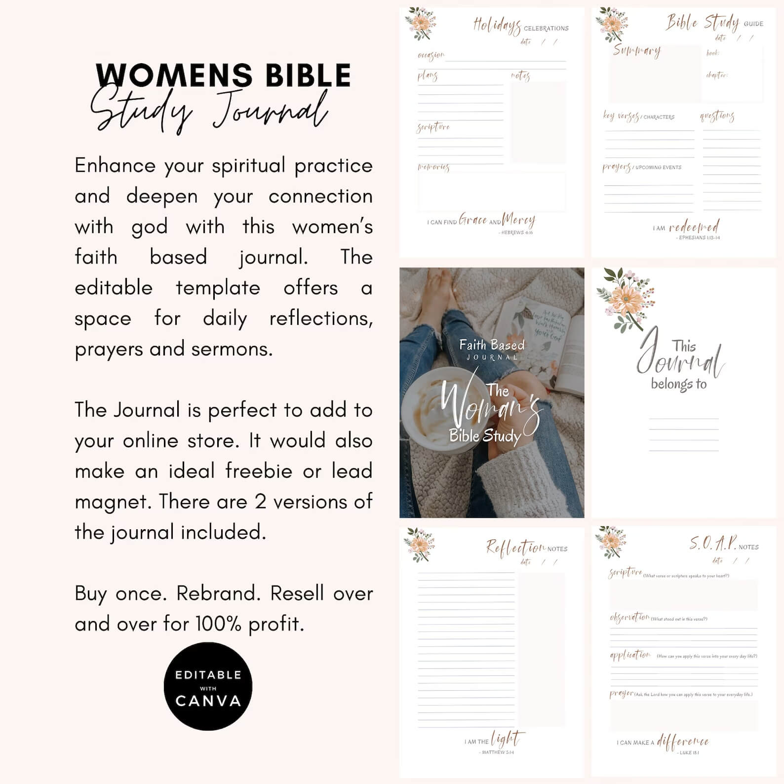 🌸 Editable Women's Faith-Based Journal | Devotional Journal & Bible Study Guide |  WITH RESELL RIGHTS