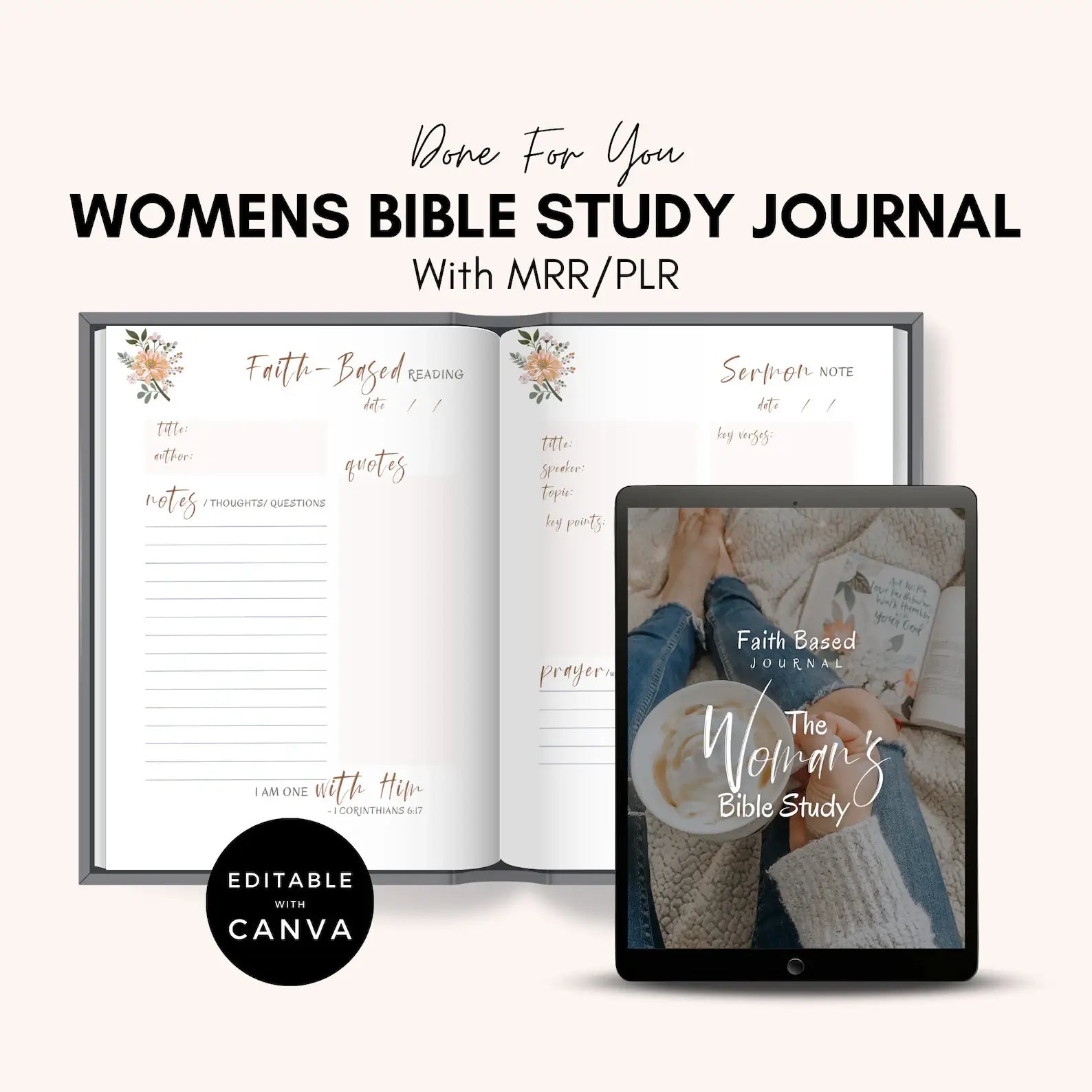 🌸 Editable Women's Faith-Based Journal | Devotional Journal & Bible Study Guide |  WITH RESELL RIGHTS